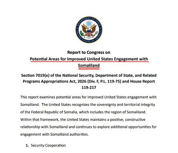 idoornimo's tweet photo. 💡Breaking News: 🇺🇸 🌍

The US State Department has submitted a significant report to Congress outlining opportunities to strengthen engagement with Somaliland.
This signals a major shift in US legislative approach toward the Horn of Africa and the wider region https://t.co/hpzCjVOXt7