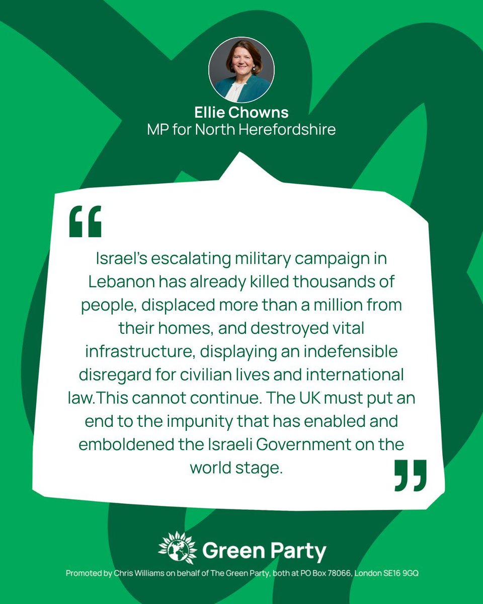 TheGreenParty's tweet photo. 'The UK must stand on the side of international law and justice' - @EllieChowns calls for decisive action in response to Israel's escalating attacks on Lebanon.
 
Head to our website to read the full statement now. https://t.co/d054V9f7TB