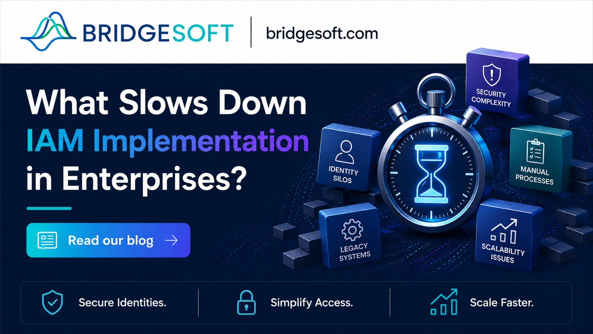 bridgesoft_com's tweet photo. What's slowing down your #IAMimplementation?

From #legacysystems and #integration challenges to governance gaps and resource constraints, several factors can delay enterprise #IAM projects.

Read more: https://t.co/Lbx1BL9mWL

#Bridgesoft #IdentityAccessManagement https://t.co/133lpQBc3R