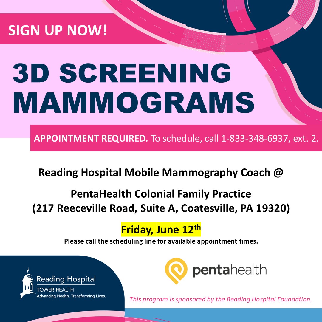 phdocs's tweet photo. We have partnered with Reading Hospital to bring 3D mammogram screenings to Colonial Family Practice on Friday, June 12th! If due for a screening &amp; interested, please call Tower Health at 1-833-348-6937, ext. 2, to register. Appts are required. Open to all PentaHealth patients. https://t.co/zRBDgmF7WL