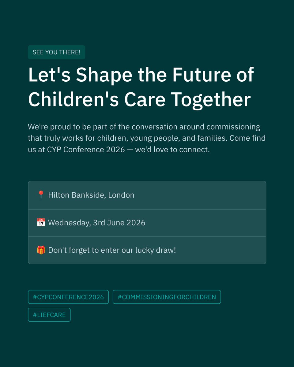 LiefCare's tweet photo. 🎉 The Lief Care team is heading to the National Children &amp; Young People Conference 2026 on 3rd June 2026 at Hilton Bankside, London!

💚 Visit our stand
💚 Enter our exclusive lucky draw &amp; giveaways
💚 Connect with the team

🎟️ Book your tickets here: https://t.co/9gvRu4ISk6 https://t.co/ji9j2FjMfz