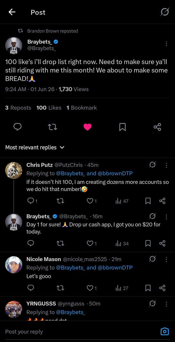 CjayBroo's tweet photo. @Braybets_ @bbrownDTP I'm number 100 lol let's get it https://t.co/ljGnMy7IZ1
