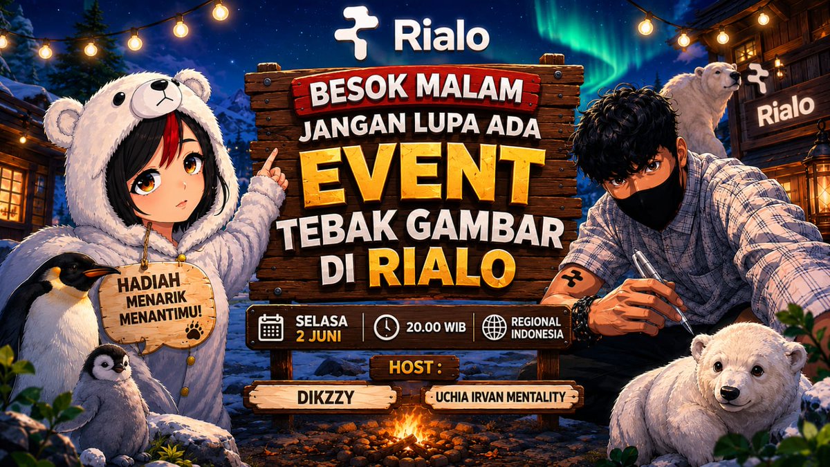 diikzzyy__'s tweet photo. Rialo Indonesia Quiz Event 9.0 🇮🇩

Siap adu cepat tebak gambar? 
Yuk ramaikan event Tebak Gambar bareng komunitas Rialo Indonesia!
📅 Selasa, 2 Juni 2026
⏰ 20:00 WIB / 1:00 PM UTC
📍 ⁠🇮🇩│voice-bahasa-indonesia
🎤 Host : @diikzzyy__  & @IrfanNogosari 

✨ Cara main:
• Tebak gambar yang ditampilkan host
• Clue bakal dikasih sedikit demi sedikit
• Jawaban benar = dapet poin
• Di akhir event bakal ada leaderboard & penentuan pemenang 🏆
🎁 Hadiah:  MBG

Selain seru-seruan, event ini juga buat nguji ketelitian dan kecepatan kalian dalam menebak gambar 
Ajak teman kalian dan jangan sampai kelewatan!