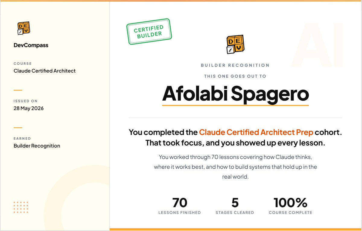Spagero71's tweet photo. Just finished the Claude Certified Architect Prep cohort through @the_devcompass . 
Here's what I learned and why it actually mattered : https://t.co/gqhC20uOOK