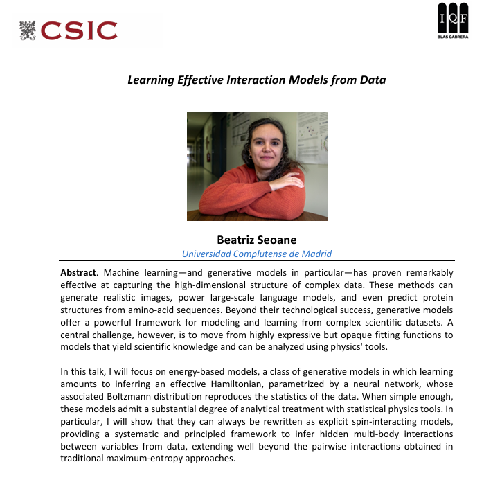iqf_csic's tweet photo. This Wednesday:   

Seminar at the IQF:  "Learning Effective Interaction Models from Data”.  

Speaker: Beatriz Seoane, Universidad Complutense de Madrid

🗓️3rd June, 12:00 h
 🗺️IQF (Serrano 119)  

We look forward to seeing you!  

#IQFSeminar https://t.co/pY3iLdtjTz