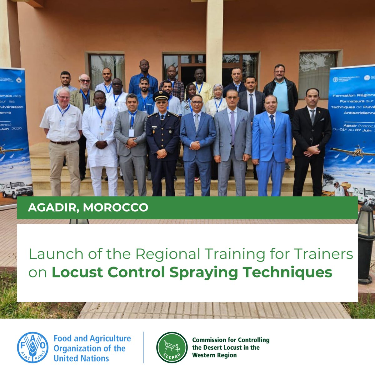 FAOCLCPRO's tweet photo. Opening of the Regional Training of Trainers on Desert Locust Spraying Techniques in #Agadir 🇲🇦
Surveyors from @FAOCLCPRO and @DesertLocustCRC member countries are training to master ground and aerial spraying techniques, and pass them on to their teams. https://t.co/OXeQSFDJgw