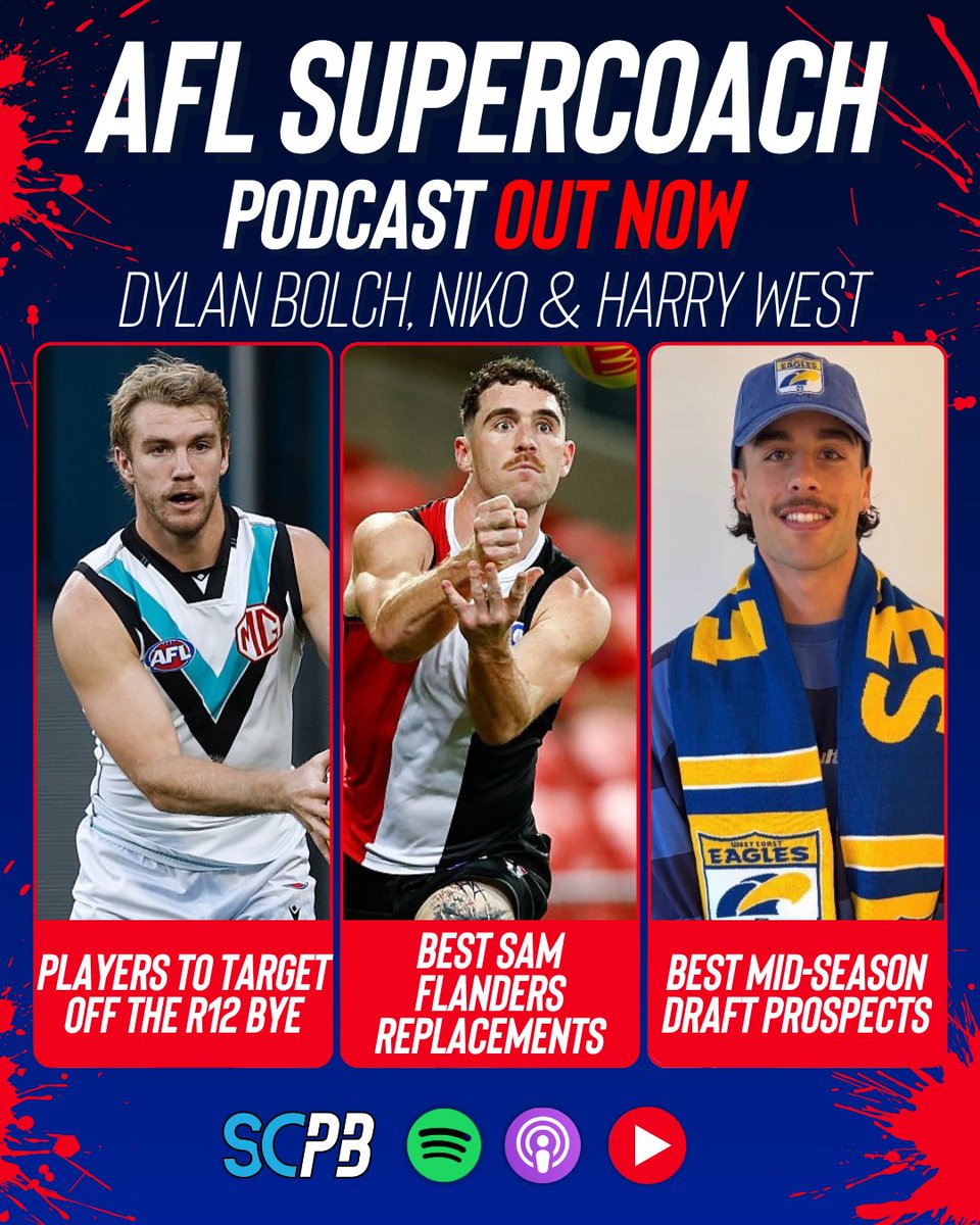 scplaybookafl's tweet photo. Who are the best Sam Flanders replacements? 🤔

The SC Playbook AFL podcast is live with former #Supercoach AFL runner-up @LovskiFC, AFL journo
@DylanBolch &amp; data analyst @West19Harry.

Tune in via our Spotify, Apple or new YouTube channel 📺 https://t.co/AjalqtrdPX https://t.co/HeBJ5nVSAM