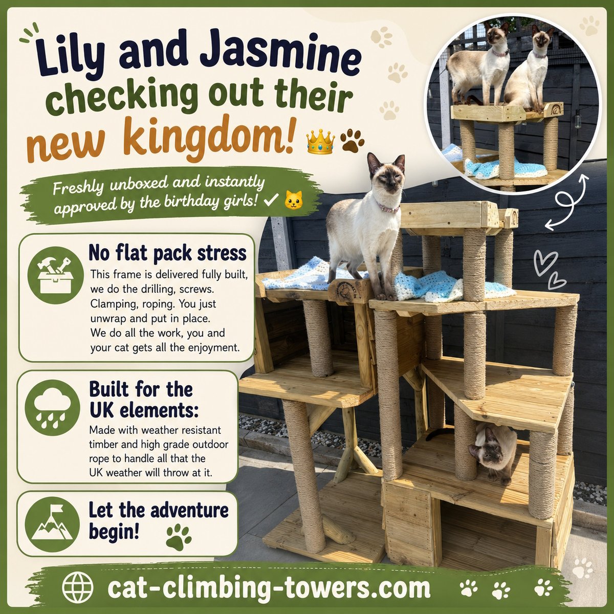 tclynx's tweet photo. Lily & Jasmine are turning 1 in June and celebrating early on their new outdoor towers! 🎂 Crafted in the UK from solid decking wood, our frames are built to weather the elements. Give your cats the ultimate garden views! 🐾
#Catio #CatEnclosure #OutdoorCat #CatTree #DIYCat https://t.co/UASSiNcbrN
