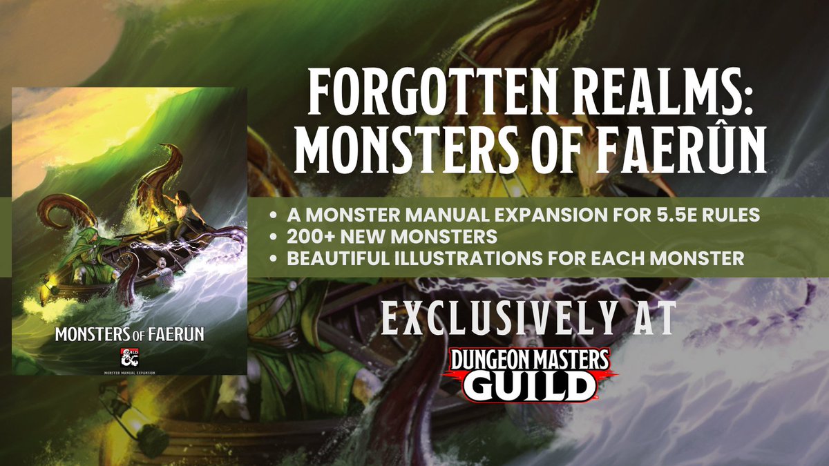dms_guild's tweet photo. Now Available!
Expand your monsters with Forgotten Realms: Monsters of Faerûn!

🌊 200+ New Monsters
🐉 Designed for #dnd 5.5e rules
🎨 Full artwork, brand new lore, and more!

Get it here: https://t.co/xuZIBE7AKF https://t.co/rqz1aDNQe0