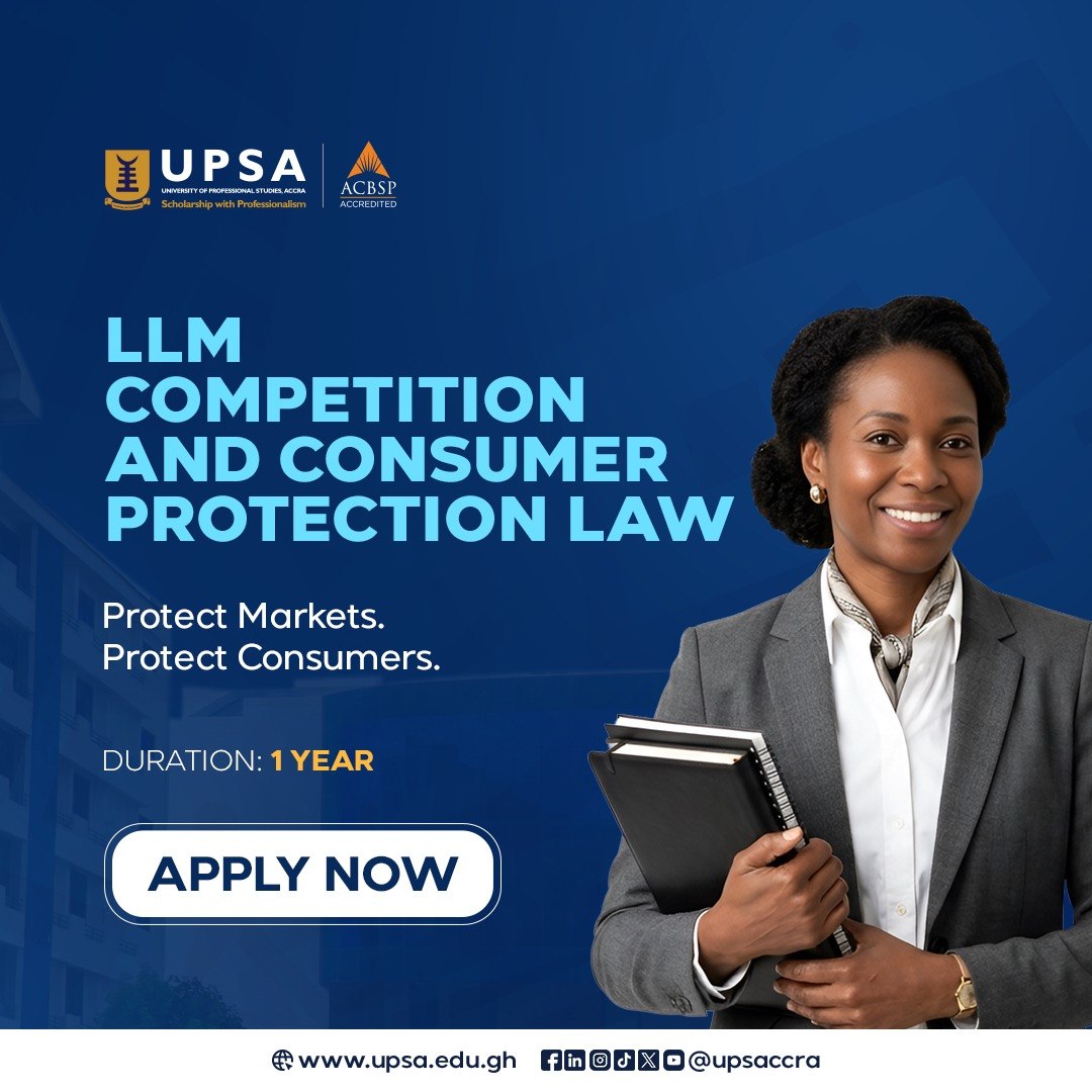 upsaccra's tweet photo. Shape the future with the LLM in Competition and Consumer Protection Law at UPSA.
Duration: 1 Year.
More info: https://t.co/2KZZ8S0kSR
#UPSA #UPSAAccra #LLM #CompetitionLaw #ConsumerProtectionLaw #LegalEducation #ApplyNow https://t.co/VHMDRZenAu