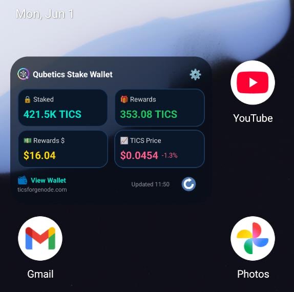forge_node's tweet photo. 🤖 As promised, the TicsForge Node staking widget is now available for Android!

After the success of the iOS version, we have worked hard to bring the same experience to Android devices. You can now install the widget on any Android 12 or higher phone and keep your TICS wallet always under control directly from your home screen.

With a quick glance you can monitor your TICS staked across all validators 🔒, your accumulated rewards waiting to be claimed 🎁, the dollar value of your rewards 💵, and the live TICS price 📈, including an instant indication of whether it is up or down over the last 24 hours.

The Android widget also includes 5 color themes to match your home screen style 🎨, a manual refresh button for instant updates 🔄, and automatic background refresh every ~15 minutes.

No wallet connection required. You do not need to delegate on TicsForge Node — the widget works with any Qubetics wallet, regardless of which validator you use. 

It is a free gift for the entire Qubetics community 🎁.

 Simply enter your public address — native qubetics1... or EVM 0x... — and the system handles everything automatically.

⚠️ Important: download the APK only from the official page below. Do not install files from other sources, Telegram channels or unknown links.
The setup takes less than 2 minutes. F

ollow the guide at:

👉 https://t.co/IWMqTian4t

Made with ❤️ by TicsForge Node within the Qubetics ecosystem