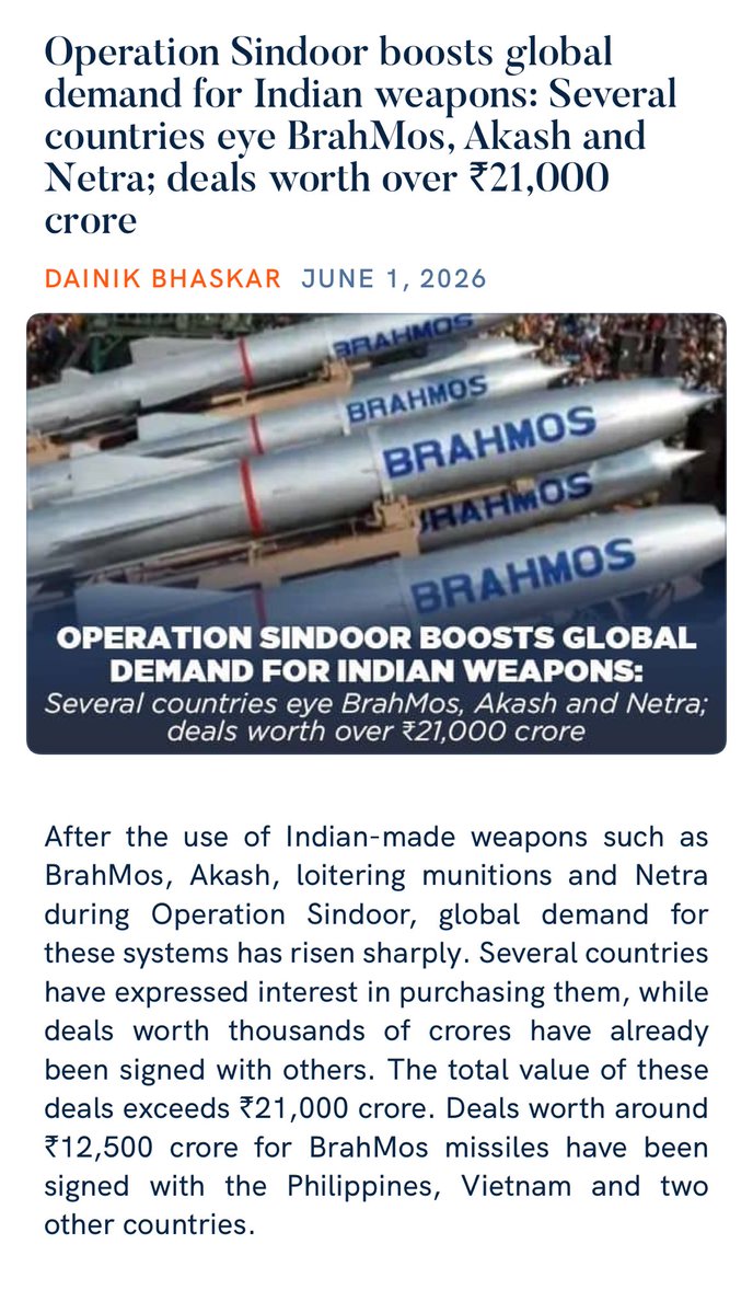 PandaJay's tweet photo. Operation Sindoor boosts global demand for Indian weapons: Several countries eye BrahMos, Akash and Netra; deals worth over ₹21,000 crore
https://t.co/P8fOvOie0A

via NaMo App https://t.co/9fvgwzmPL0