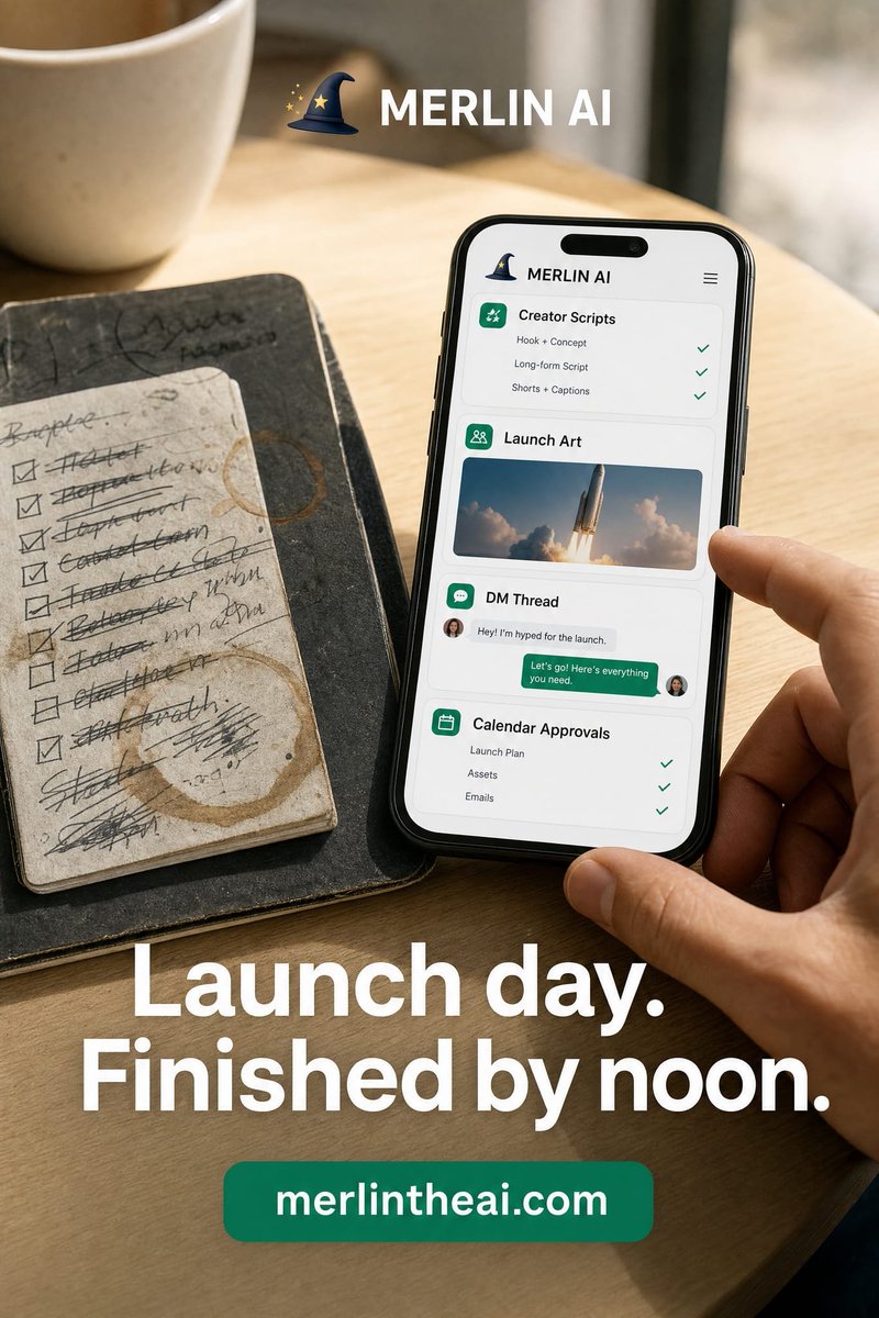 MerlinThe_Ai's tweet photo. Launch day. Notebook full of crossed-out deadlines. Phone full of nothing shipped. Gave the checklist to Merlin. Posts, art, approvals live by noon. https://t.co/1pMLScECKX https://t.co/EbMGEjsYve