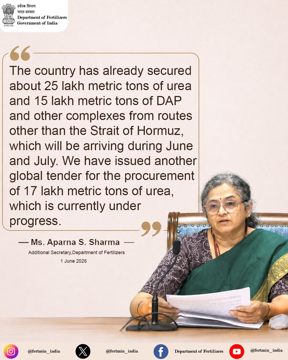 BharatUrvarak's tweet photo. The Country has already secured about 25 LMT Urea, 15 LMT DAP and other complexes from routes other than Strait of Hormuz, which will be arriving during June &amp; July. We have issued another global tender for the procurement of 17 LMT Urea, which is currently under progress. https://t.co/MkB8QQZ3uY