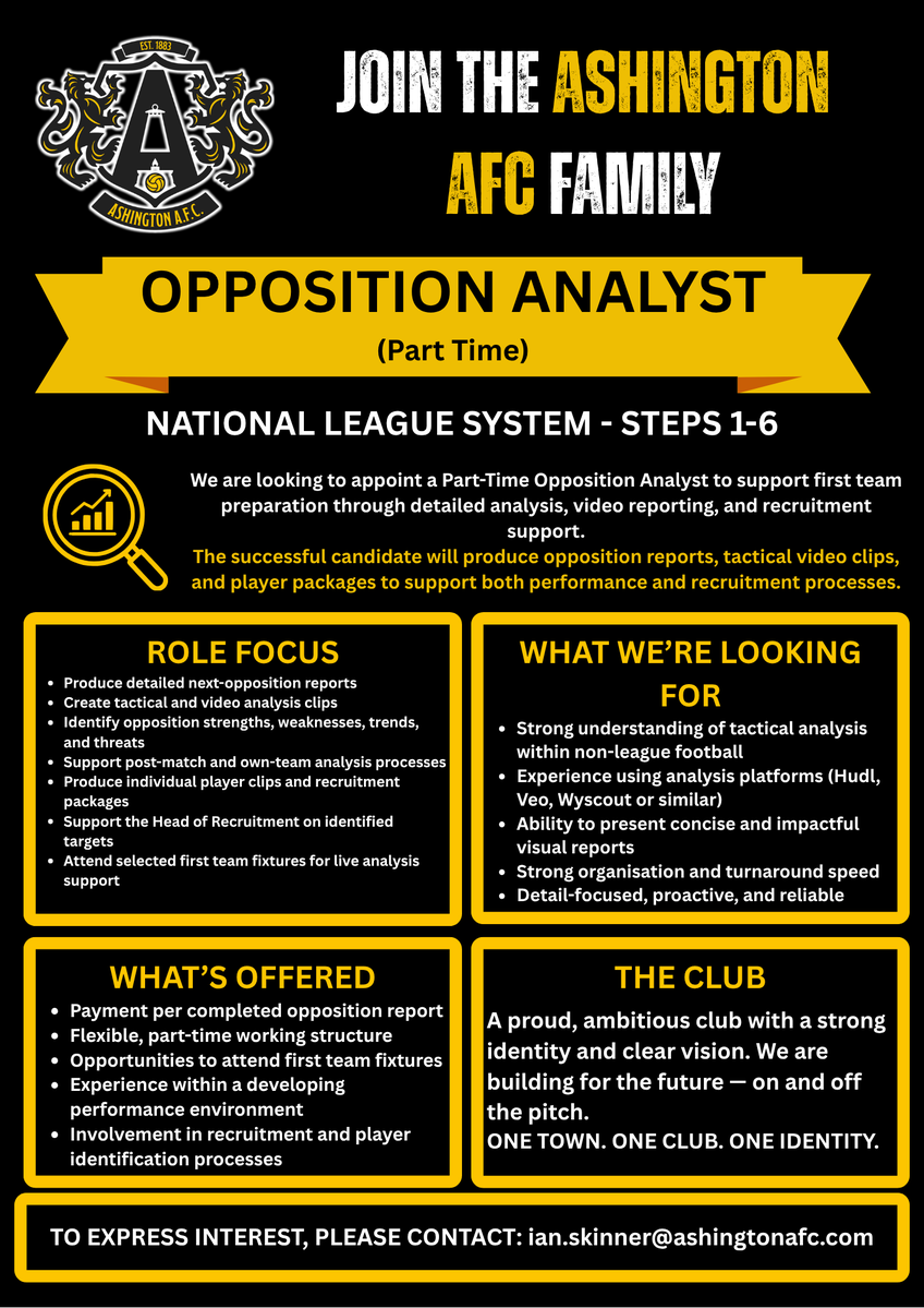 Ashington_FC's tweet photo. 🔍🔍 JOIN THE ASHINGTON AFC FAMILY🔍🔍

Opposition Analyst

We are looking to appoint a Part-Time Opposition Analyst to support first team preparation through detailed analysis, video reporting, and recruitment support.

Full details below: https://t.co/Zqu68VZs3H