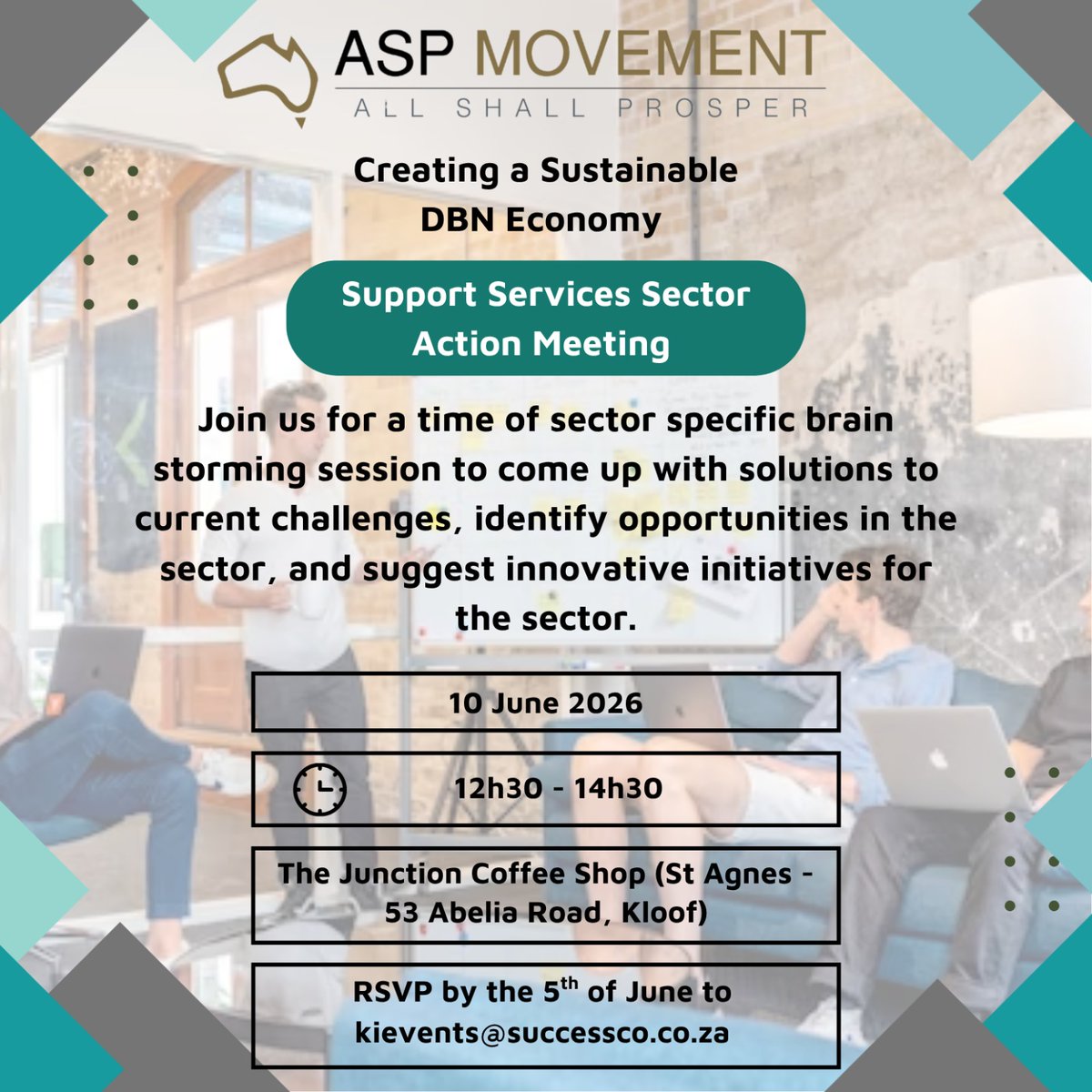 ForwardDurban's tweet photo. 🤝 Join the ASP Support Services Sector Action Team Meeting

📅 10 June 2026
⏰ 12h30–14h30
📍 The Junction, Kloof
Connect, collaborate, and help strengthen the support services sector in Durban.
RSVP:
 https://t.co/fxBipnqrbL https://t.co/u1X6Qc6DUW