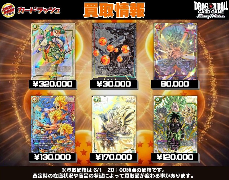 cardrush_db's tweet photo. #ドラゴンボールフュージョンワールド
🐲買取情報🐲

フュージョンワールド毎日買取強化です‼
ぜひお持ち込みください✨

🔥孫悟空(パラレル/漫画絵)【R☆☆】{SB01-023}　￥320,000🔥

🔥エナジーマーカー(パラレル/神龍)【☆】{E-99}  ￥30,000🔥

🔥孫悟空(パラレル/フレーム無)【SCR☆☆】{FB04-129}  ￥80,000🔥

🔥孫悟天(パラレル)【SCR☆☆】{FB08-121}　￥130,000🔥

🔥孫悟空(パラレル)【SCR☆☆】{FB05-119}  ￥170,000🔥

🔥ブロリー：BR(パラレル)【SCR☆☆】{FB06-120}  ￥120,000🔥

👇その他買取表はコチラ👇
https://t.co/sh8yUzGhXP