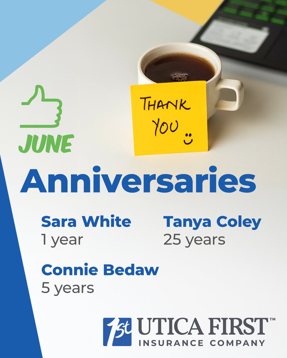 UticaFirstInsCo's tweet photo. Happy Work Anniversary to our June celebrants at #UticaFirst! 🎉
Congratulations to Sara White (1 year), Connie Bedaw (5 years), and Tanya Coley (25 years) with UFIC. Thank you for your dedication and commitment to #PuttingYouFirst every day!
#WorkAnniversary #UFIC #TeamUFIC https://t.co/xeDSZW9Aky
