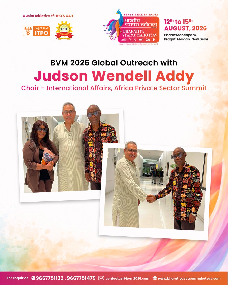 Bvm2026's tweet photo. Unlocking Global Sourcing Pipelines for Indian Enterprise! 🚀🌍

A major international milestone as Team BVM executes a high-profile global outreach session with Mr.  Judson Wendell Addy, Chair – International Affairs, Africa Private Sector Summit. Our dialogue focused on establishing powerful B2B linkages, expanding cross-border supply chains, and driving direct trade integration for domestic brands at Bharat Mandapam this August! 🏛️📈🤝

—
📍 Bharat Mandapam 
🗓️ August 12-15, 2026
👉 Book your stall now!
📝 Enquire Now : https://t.co/KZcr3OmaKE
📞 +91 9667751132 | +91 9667751479
 📧 contactus@bvm2026.com 
🌐 https://t.co/AiAOs1VdNn

A Joint initiative of ITPO (a Govt of India Company) and CAIT (Federation of 48,000+ Associations)
@narendramodi @AmitShah @PMOIndia @PiyushGoyal @nitinnabin @PKhandelwal_MP @BJP4India @BJP4Delhi @CAITIndia @ITPOdesk @doc_goi @APSS_original @AfricanBizMag @GlobalAfricaBiz @BusInsiderSSA 
#BVM2026 #bharatiyavyaparmahotsav #AtmanirbharBharat #MakeInIndia #BharatMandapam #IndianTraders #GlobalTrade #MSMEIndia #ViksitBharat #VocalForLocal