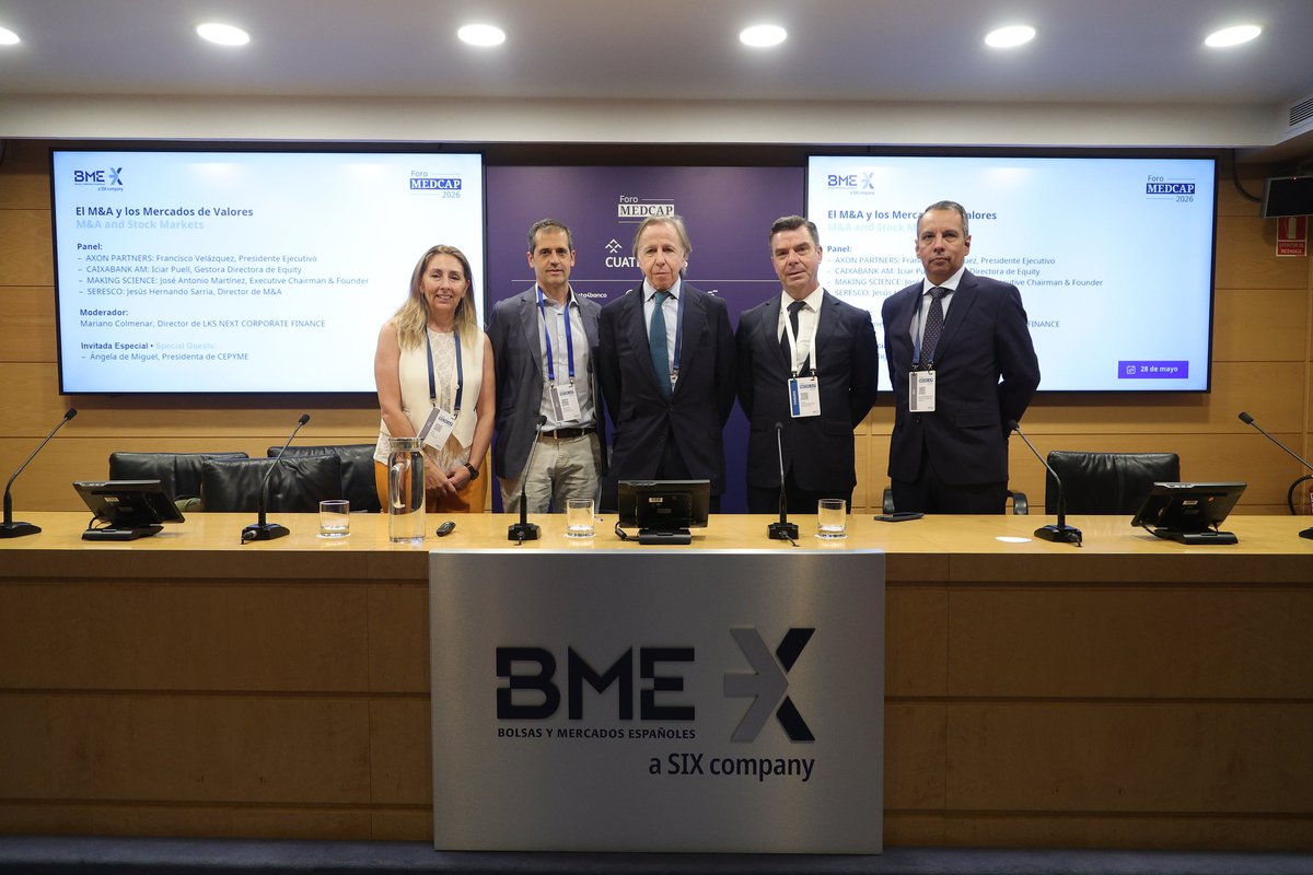 AxonPG's tweet photo. The Foro MedCap once again brought together companies, investors and capital markets professionals to discuss the key challenges and opportunities facing small and mid-cap listed companies.

Francisco Velázquez, Chairman of @AxonPG , participated as a speaker in the panel “M&A and Stock Markets”, alongside Iciar Puell (@caixabank ), José Antonio Martínez (@Making_Science_ ) and Jesús Hernando Sarria (@seresco ).

The panel focused on the strategic value of public markets in supporting inorganic growth.

Thank you to @BolsaBME and Foro MedCap for organising the event.