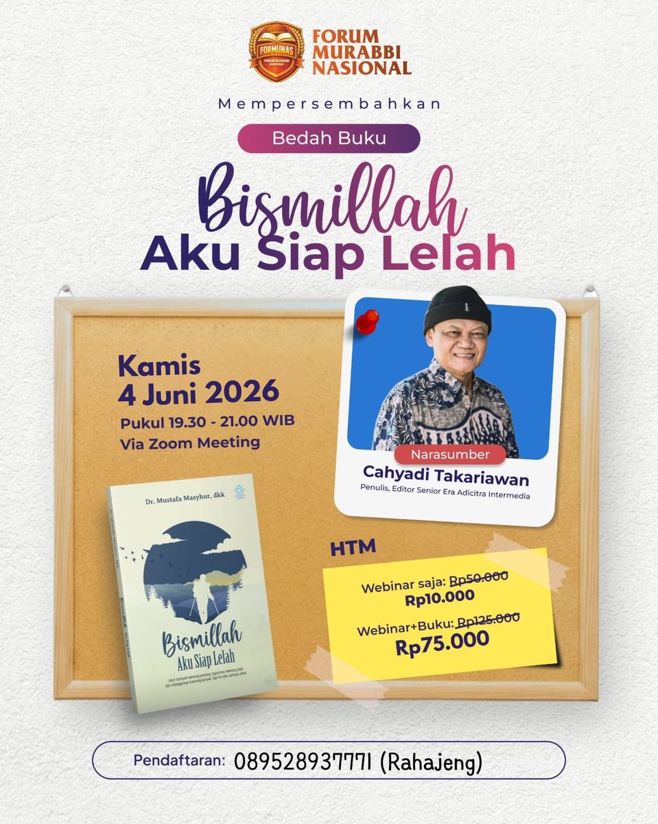 PakCah's tweet photo. HTM Spesial: 
Webinar Saja: ➝ Rp10.000
Webinar+Buku: ~ ➝ Rp75.000

📖 Sebuah ruang untuk belajar menerima proses, menguatkan langkah, dan memahami bahwa lelah pun bisa bernilai ibadah jika dijalani karena Allah.

Pendaftaran: 089528937771 (Rahajeng) https://t.co/H15p7XPLRt