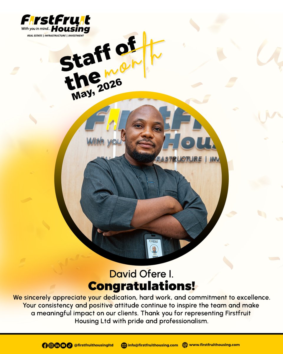 Firstfruitltd's tweet photo. STAFF OF THE MONTH – MAY 2026 🏆

At Firstfruit Housing Ltd, excellence is not just encouraged, it is celebrated!

Congratulations, David! Your efforts do not go unnoticed, and we look forward to even greater achievements ahead.

#StaffOfTheMonth #EmployeeRecognition #TeamWork https://t.co/EeqMi99fqy