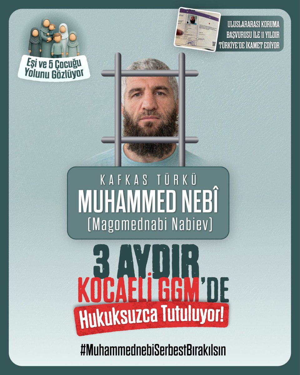 mahfildijital's tweet photo. 🔴 3 aydır Kocaeli Geri Gönderme Merkezi’nde tutulan Kafkas Türkü Magomednabi Nabiev’in serbest bırakılması için kampanya başlatıldı.

5 çocuk babası Nabiev, 11 yıldır Türkiye’de 'uluslararası koruma başvuru sahibi' statüsüyle ikamet ediyordu. https://t.co/knzwuEU5XJ