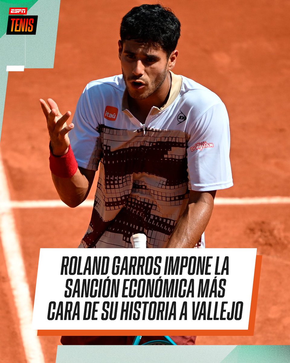 ESPNtenis's tweet photo. 🧐 #RolandGarros impone una dura sanción económica para Daniel Vallejo. 

La sanción se debe a las “inaceptables” palabras de Vallejo sobre Ana Carvalho, juez de silla en su partido ante Kouame.

💰 SERÁ DE 65.000 EUROS, este monto corresponde a la mitad del premio que se llevó el paraguayo por haber alcanzado la segunda ronda, dijo Mauresmo, directora del torneo.

✍️ Más allá del pedido de disculpas posterior, el torneo sostuvo: “el valor de los árbitros no se mide por su género, sino por su profesionalismo".