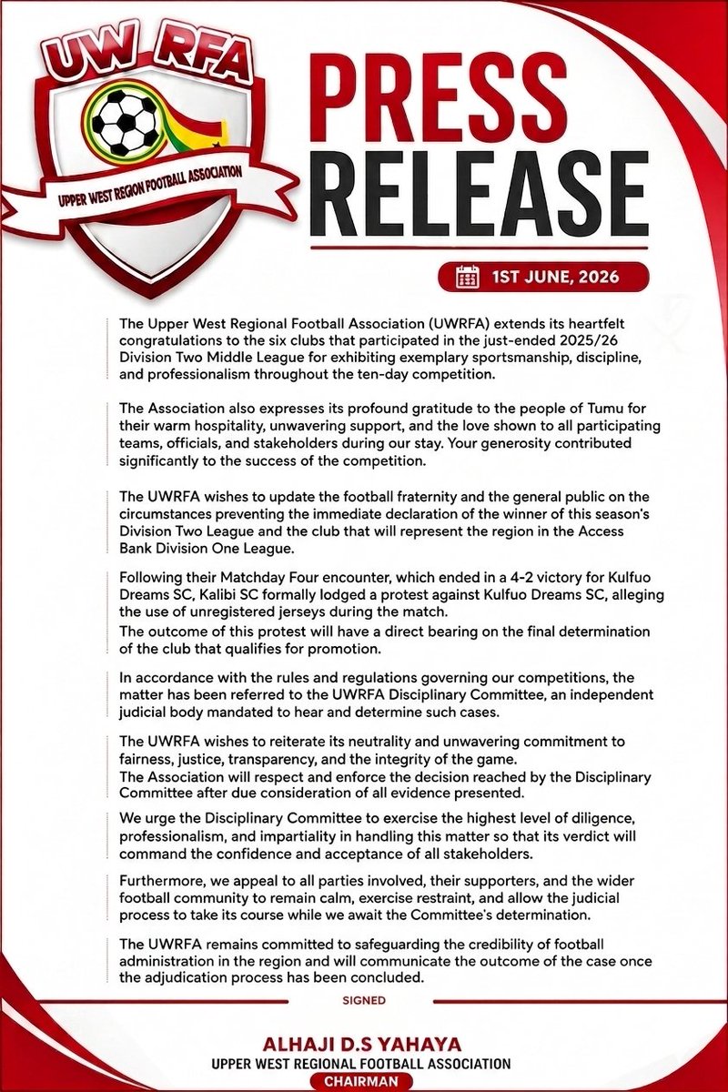 uwrfa's tweet photo. UPDATE ON 2025/26 DIVISION TWO MIDDLE LEAGUE 

Kalibi SC have filed a protest against Kulfuo Dreams SC over alleged unregistered jerseys (Matchday 4). 

Case referred to Disciplinary Committee.
Winner &amp; promotion decision pending outcome.

We urges calm and due process. https://t.co/P5US2OMjrU