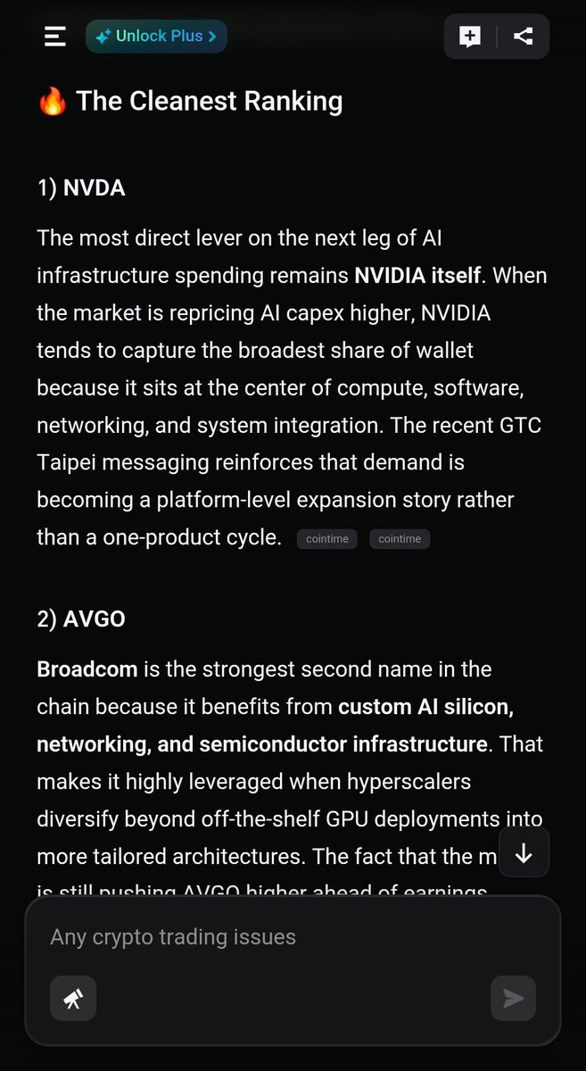 _bellezza08's tweet photo. I was reading an article on the GTC Taipei event when I decided to ask #GetAgent which stocks could benefit the most from the #Nvidia's GTC Taipei event.
It mentioned these stocks - $NVDA, $AVGO, $MU, $MRVL and $COHR.
Honestly, I'm most interested in $AVGO and $MU here.
Everyone already expects Nvidia to win. That's not exactly a secret anymore.
What I'm watching is where the next wave of money flows if Jensen comes out and confirms AI demand is still growing faster than expected.
If that happens, I wouldn't be surprised to see:
$NVDA ~$250+
$AVGO ~ $400+
$MU ~ $180+
before the year is over.
Maybe I'm too bullish, but every pullback in AI names keeps getting bought up, and the market still doesn't look done with this theme.
For now, I'm staying long and letting the trend tell me when I'm wrong.
Which of these stocks do you think will do well?