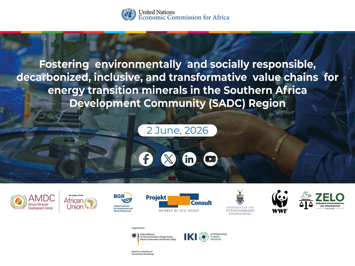ECASROSA's tweet photo. #Upcoming Launch of the Implementation of the Project on “Fostering environmentally and socially responsible, decarbonized, inclusive, and transformative value chains for energy transition minerals in the Southern African Development Community (SADC) region” at Radisson Blu Hotel, Lusaka, Zambia, 2nd June 2026.

https://t.co/5CWkjDdzC2