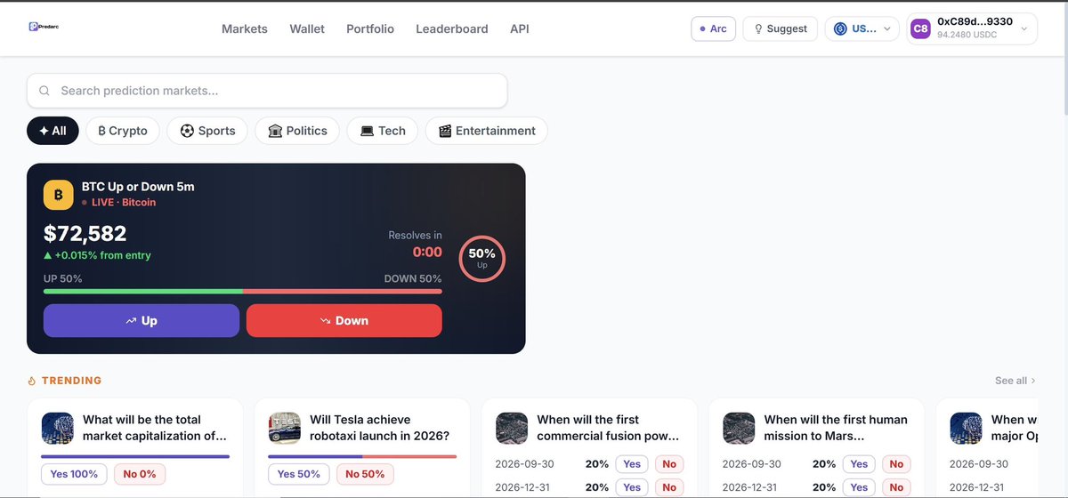 Predarc_'s tweet photo. Predarc just got a major glow up!
We’ve rolled out our brand new, ultra clean UI and it’s looking 🔥

Faster navigation, Smoother experience, Beautiful light mode vibes, Everything feels premium now.

Check out the fresh BTC 5minute market live right now 👇

We are not live yet! https://t.co/H9ZDAwWysj