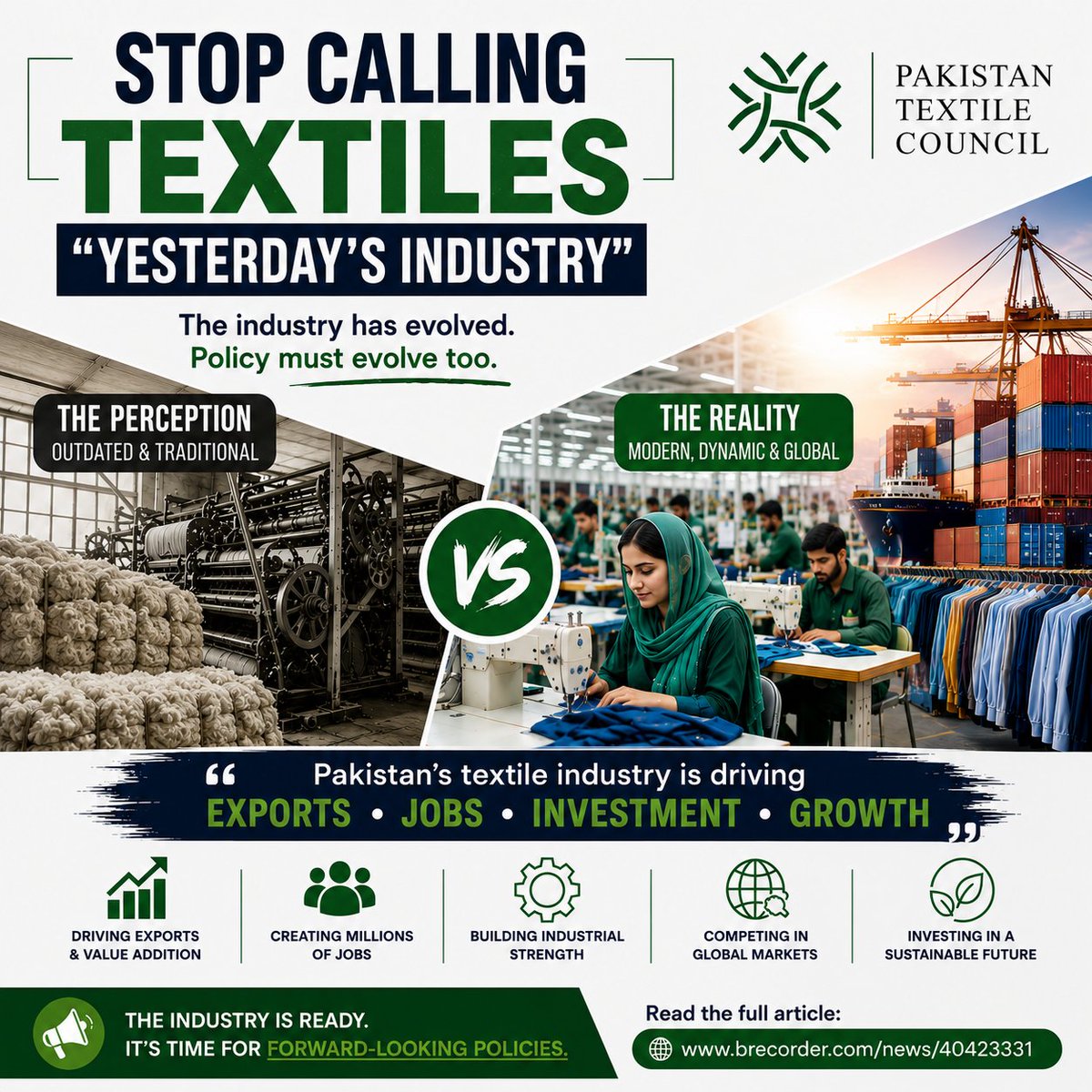 PakTexCouncil's tweet photo. 🚨 TEXTILE AND APPAREL ARE PAKISTAN'S FUTURE — NOT ITS PAST
For those who still see Textile and Apparel as a "traditional industry," here's the reality:
✨ The sector is moving up the value chain
 ✨ Apparel and made-ups are driving exports
 ✨ Millions of Pakistanis depend on it for employment
 ✨ It remains the backbone of Pakistan's export economy
The conversation around Textile and Apparel must move beyond outdated perceptions.
💡 A modern industry needs modern policies.
Pakistan's Textile and Apparel sector has already transformed.
Now it's time for policy frameworks that support innovation, competitiveness, investment, and export-led growth.
📖 Read the full article:
 🔗 https://t.co/DdtrDhjMJT
#PakistanTextileCouncil #TextileIndustry #MadeInPakistan #Exports #Manufacturing #EconomicGrowth #Innovation #ValueAddition #PakistanExports #FutureOfTextiles
@fawadanwar 
@MusadaqZ 
@hasanshafqaat 
@Dawn_News 
@beingJayP 
@PakPMO 
@CMShehbaz 
@PlanComPakistan 
@ForeignOfficePk 
@Financegovpk 
@APTMAofficial 
@PrgmeaOfficial