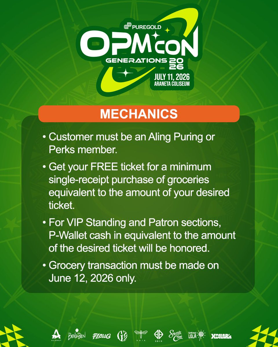 Puregold_PH's tweet photo. On our third year!!! Lezzzgoow!

Ticketing details and merch for Puregold OPM Con Generations 2026 are now here! 🎟️

Swipe through for the full mechanics, ticket inclusions, and Puregold participating stores para sa bigating meet up ng mga panalong #OPMRise supporters dito sa bansa ✨

For our provincial & international members and inaanaks, Regional Fan Pass mechanics will be posted this week! Continue to follow our official pages to be in the loop! 

(na para bang artists’ label na rin yerrn??) 🤭
 
#PuregoldOPMConGenerations2026
#AlwaysPanalo