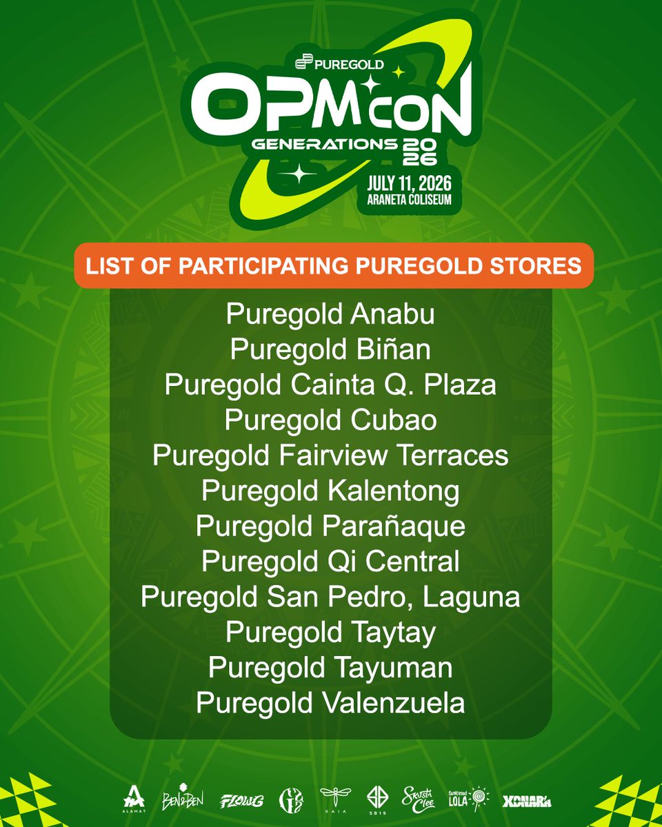 Puregold_PH's tweet photo. On our third year!!! Lezzzgoow!

Ticketing details and merch for Puregold OPM Con Generations 2026 are now here! 🎟️

Swipe through for the full mechanics, ticket inclusions, and Puregold participating stores para sa bigating meet up ng mga panalong #OPMRise supporters dito sa bansa ✨

For our provincial & international members and inaanaks, Regional Fan Pass mechanics will be posted this week! Continue to follow our official pages to be in the loop! 

(na para bang artists’ label na rin yerrn??) 🤭
 
#PuregoldOPMConGenerations2026
#AlwaysPanalo