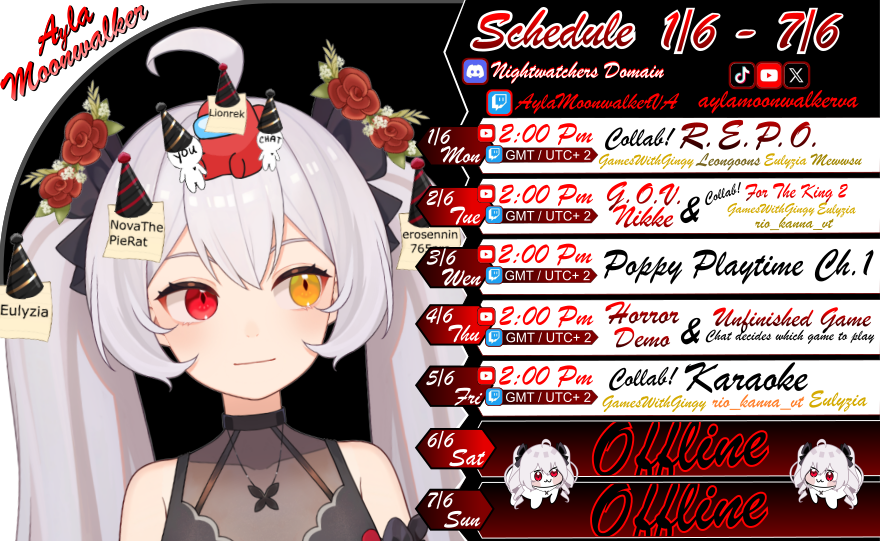 AylaMoonwalker's tweet photo. STREAM SCHEDULE for 1/6 - 7/6! For this week: Three Collabs with @GamesWithGingy, @eulyzia , Leogunns, MewwSu, Rio kanna and more surprising guests!), FIRST TIME PLAYING POPPY PLAYTIME!! Thursday will be full of surprises, chat chosses games to play! G.O.V Nikke (Prika Story) https://t.co/WaCcMPFFy7