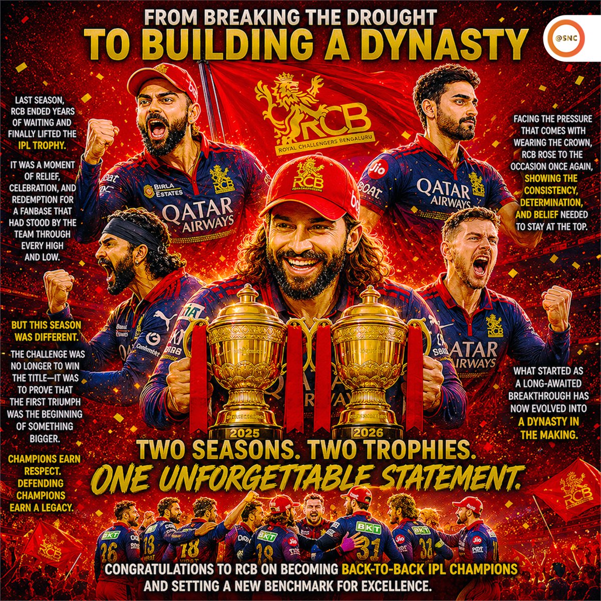 SNCoffice's tweet photo. 🏆 FROM DROUGHT TO DYNASTY 🏆

One trophy ended the wait.
Two trophies built the legacy.
🏆🏆 Back-to-back IPL champions.

Congratulations to Royal Challengers Bengaluru on creating history! 👏❤️💛

#RCB #BackToBackChampions #HistoryMade #ChampionsAgain #SNC https://t.co/z1iZKjVedI