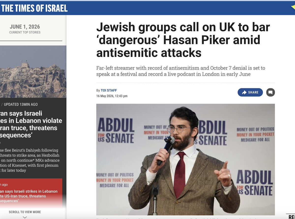 ggreenwald's tweet photo. Israel's most loyal propagandists are (of course) denying that the UK banned Hasan Piker and Cenk Uygur due to their Israel opposition. They provide no alternative theory for the banning.

The ban happened after pro-Israel groups and MPs demanded their visas be denied. https://t.co/9vQlaZVyQf