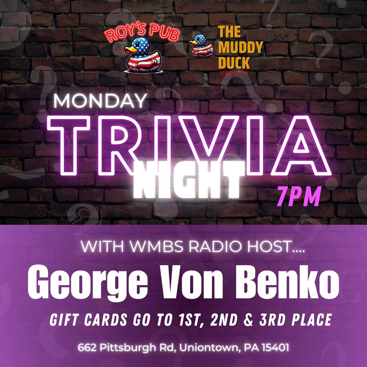 VonBenko's tweet photo. Hope you will join me as I host team trivia tonight at The Muddy Duck at Roy's Pub in Uniontown! The fun starts at 7PM! https://t.co/c3oFevAPk6