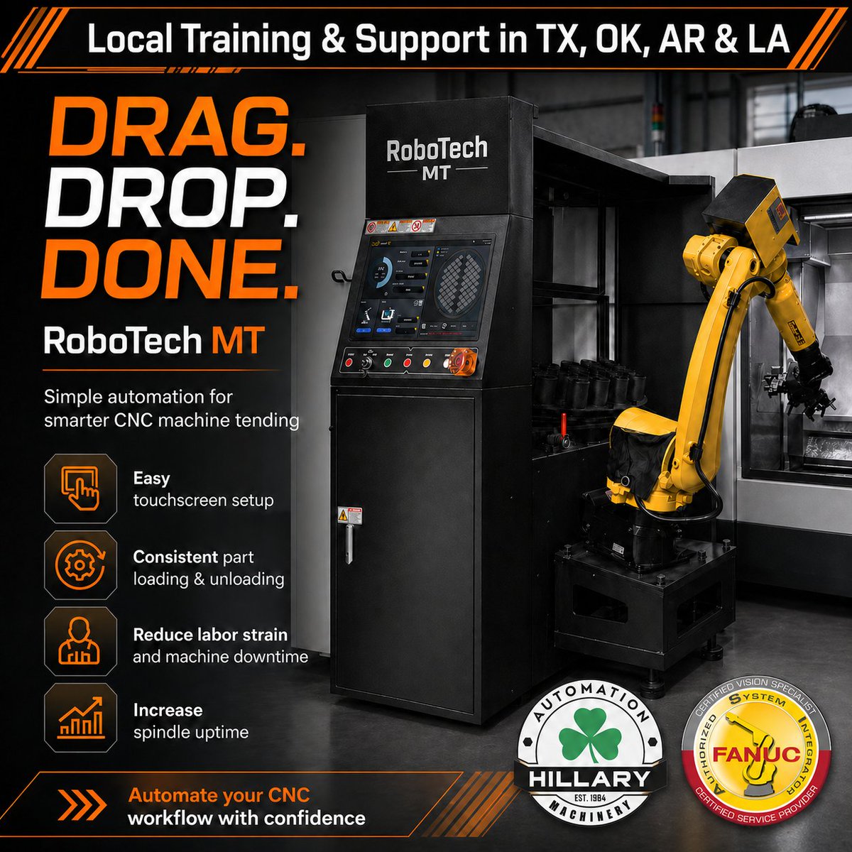 HillaryMach's tweet photo. Up your game with the MT CNC machine tending system featuring the Smart EZ controller from Hillary Machinery & RoboTech! 🚀 Elevate your productivity and precision in machining like never before. Discover the future of manufacturing today! #CNC #MachineTending #HillaryMachinery #RoboTech #Innovation #ManufacturingExcellence
