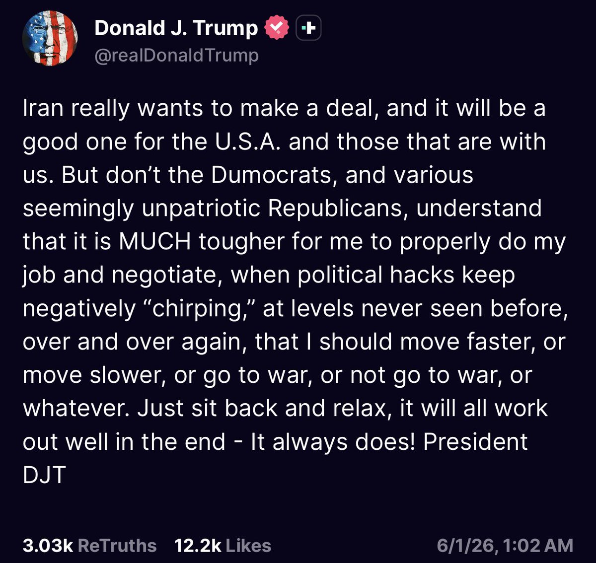 RonFilipkowski's tweet photo. Maybe if he hadn’t been telling us for 3 months that a surrender deal with Iran was imminent he wouldn’t have to post at 1:02 AM that he has no idea how to get out of this war while accomplishing anything meaningful. https://t.co/PHF1JWp3mA