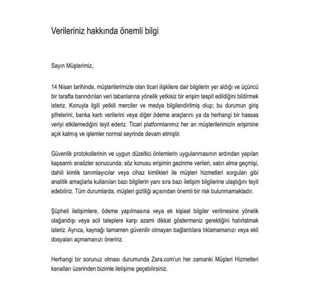 siyahsancakx's tweet photo. 🔴 Ünlü giyim markası Zara, müşteri verilerine yetkisiz erişim tespit edildiğini duyurdu. https://t.co/T87PhYCvPx