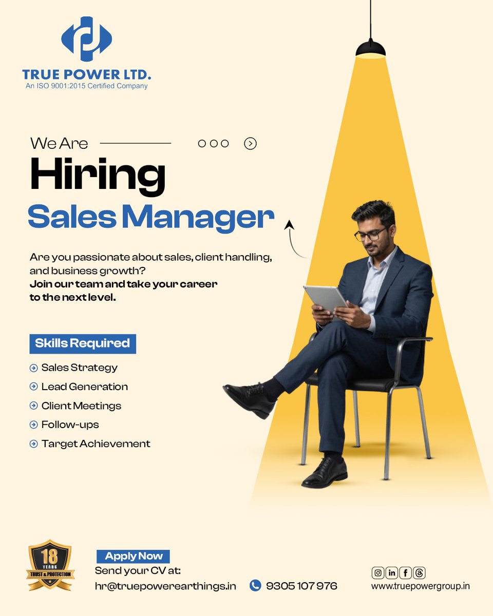 TruePowerGroup's tweet photo. We’re looking for a dynamic Sales Manager to join the True Power Ltd. team!

📩 Send your CV: hr@truepowerearthings.in
📞 Call: 9305107976

#TruePowerLtd #WeAreHiring #SalesManager #HiringNow #SalesJobs https://t.co/bF8WLzFImV