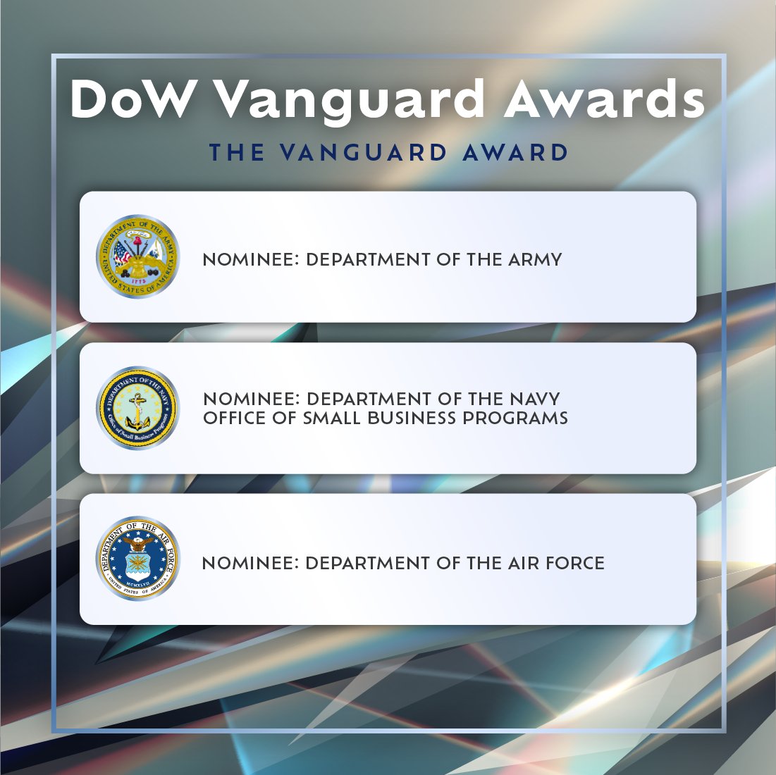 BusinessDefense's tweet photo. Congratulations to the FY25 nominees for the Vanguard Award, which is presented to the #DoW component organization that best exemplifies commitment to small business programs in a variety of functional activities.

Winner announced June 17 at #SBTW26.
#VanguardAwards https://t.co/o75V4b40OP