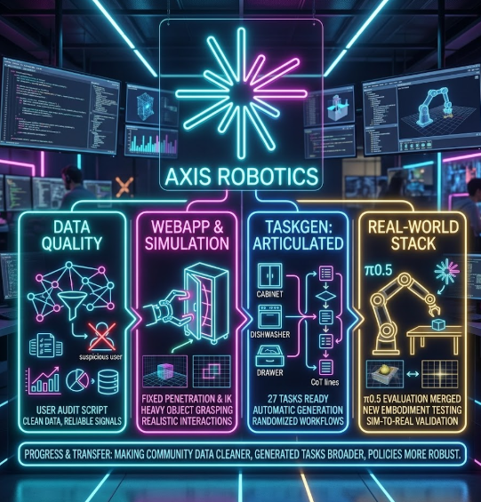 jamyyip's tweet photo. 🎯 Axis Weekly Recap: Khi Sim-to-Real không còn là khoảng cách! 

Tuần qua của @axisrobotics  gói gọn trong hai từ khóa: Trust (Niềm tin) và Transfer (Chuyển giao). Đội ngũ đã làm sạch data cộng đồng, mở rộng tệp task tự động và tối ưu hóa policy để đưa AI từ môi trường sim mượt mà bước ra đời thực trên các robot vật lý.

Cùng Mỹ điểm qua những insight "đáng tiền" nhất tuần này nà! 

1. Data Quality: Nói "Ko" với Data rác!

• Cập nhật: Hoàn thành script kiểm toán (audit) để quét sạch các user có hành vi bất thường dựa trên số liệu thống kê và lý do lỗi khi replay/verify.

• Data sạch chính là "máu" của mô hình AI. Việc lọc bỏ bot traffic hay các tài khoản lách luật giúp chỉ số pass-rate của task chuẩn xác hơn. Data ko nhiễu thì tín hiệu train model và đánh giá task mới chuẩn, đỡ tốn tiền "nuôi" AI bằng dữ liệu rác.

2. Webapp & Sim: Sửa lỗi vật lý để Sim sát Thực tế

• Cập nhật: Khắc phục triệt để các lỗi về va chạm xuyên thấu (penetration), tối ưu khả năng gắp vật nặng và tăng độ linh hoạt cho IK (Inverse Kinematics) của gripper.

• Mấy lỗi bug vật lý hay xuyên thấu nhìn thì nhỏ nhưng là "ác mộng" khi train AI, vì nó làm robot hiểu sai môi trường. Fix xong đống này giúp giảm thiểu fail lãng nhách do lỗi sim, đảm bảo task tạo ra ăn khớp hoàn toàn với việc thu thập data ngoài đời thực.

3. Recover-from-Failure: Học từ thất bại :

• Cập nhật: Test Failure Task 892, gom thành công hơn 300 trạng thái lỗi ban đầu (failure initial states).

• Trước khi có data hồi phục (recovery data), baseline chỉ chạm trần ở mức 60% success sau hơn 200 demos (lỗi nặng nhất ở khâu gắp). Sắp tới, team sẽ chạy lại pipeline hồi phục này trên các task đã fix lỗi vật lý và tăng độ ngẫu nhiên (randomization) để kéo tỷ lệ thành công lên mức tối đa.

4. TaskGen: Bước tiến vào thế giới Đồ vật Chuyển động (Articulated Objects)

• Cập nhật: Hợp nhất thành công tính năng tạo vật thể có khớp nối (tủ, máy rửa bát, ngăn kéo...) vào pipeline tự động. Hiện củm đã có 27 task sẵn sàng thu thập và 9 task đang render.

• Việc TaskGen mở rộng từ vật thể rắn cố định (rigid-body) sang các vật thể có khớp nối, kết hợp cùng Chain-of-Thought (CoT) và Multi-embodiment là một bước nhảy vọt. Robot giờ đây k chỉ biết gắp thả đơn giản nữa, mà bắt đầu học cách tư duy để xử lý các chuỗi hành động dài và phức tạp hơn ùi.

5. Model & Real-world Stack: Đưa AI lên Robot thật

• Cập nhật: Hoàn thành vòng fine-tuning và benchmark đầu tiên; đang tinh chỉnh lại "công thức" data (data recipe). Pipeline đánh giá $\pi_{0.5}$ đã được merge thẳng vào real-world stack.

• Web policy inference hiện đã load được model checkpoint để deploy online. Cùng lúc đó, các thí nghiệm trên RoboVerse đang nghiên cứu sâu về tỷ lệ mở rộng data (dataset-size scaling) và nhồi thêm thông tin hình học vật thể (object geometry) vào training.🔥 

Bật mí đặc biệt: 

- Axis đang bắt đầu đưa một Embodiment mới (phần cứng robot mới) vào vòng thử nghiệm vật lý. Danh tính cụ thể vẫn đang được giữ kín, nhưng mục tiêu tối thượng là kiểm chứng xem pipeline train nặng tính mô phỏng (simulation-heavy) của Axis sẽ "bá đạo" thế nào khi va chạm với thực tế khốc liệt ngoài đời.

Một tuần làm việc cực chiến của team Axis khi giải quyết tận gốc từ data, sim cho đến phần cứng thật. Mọi người đánh giá thế nào về tiến độ tuần này của dự án? Comment thảo luận cùng Mỹ nà! 👇