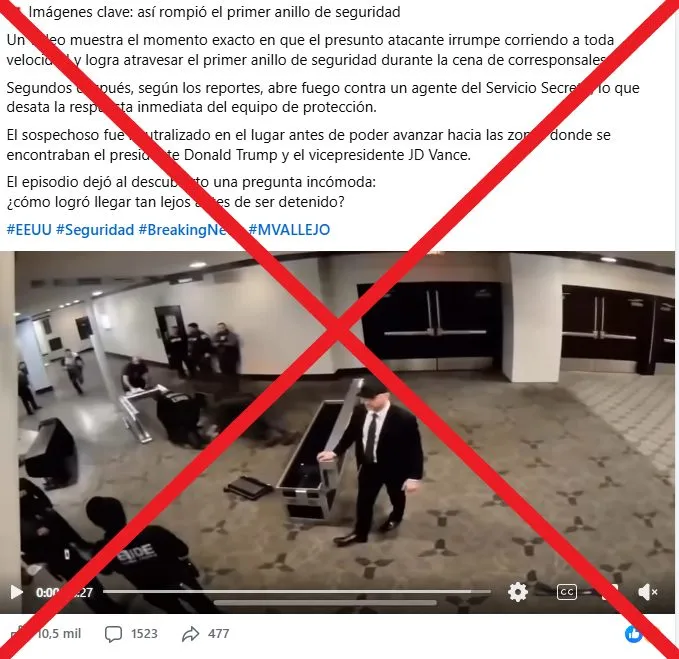 EFEVerifica's tweet photo. 📹❌ Este video no muestra el momento real en el que reducen al tirador de la cena de la Casa Blanca.

🤖 La escena viral ha sido recreada con IA a partir de las imágenes de las cámaras de seguridad que compartió Trump, como confirmó el propio autor de la publicación original.

🔗 https://t.co/d78M6k5oJv
