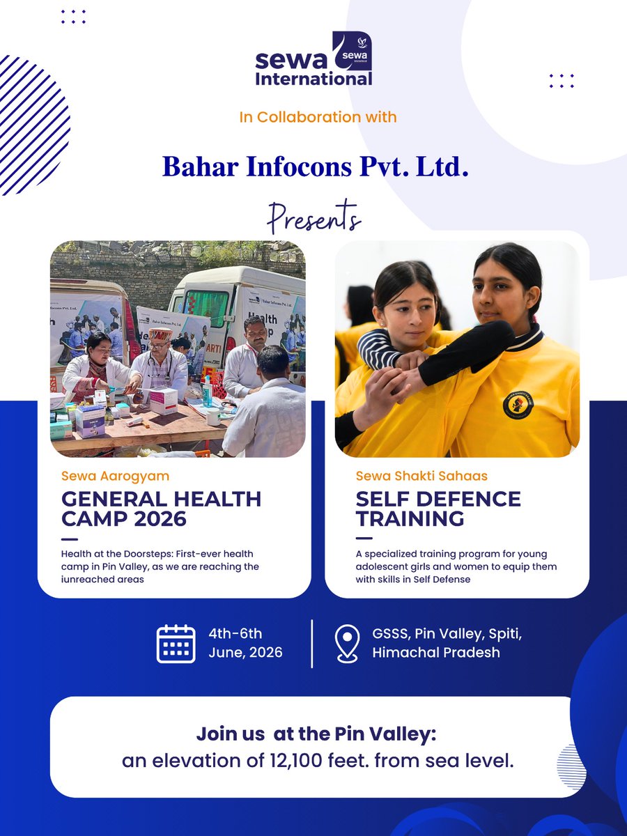 Sewa_Intl's tweet photo. 🏔️ Service Beyond Boundaries.
From 4th–6th June 2026, Sewa International, in collaboration with Bahar Infocons Pvt. Ltd., will conduct a unique outreach initiative in the breathtaking Pin Valley, Spiti, located at an elevation of 12,100 feet above sea level.

🩺 General Health Camp 2026
Bringing healthcare services closer to communities where access can often be challenging due to terrain and distance.

🥋 Self-Defence Training
Empowering adolescent girls and women with practical self-defence skills, confidence, and awareness.

📍 GSSS, Pin Valley, Spiti, Himachal Pradesh
📅 4th–6th June 2026

From healthcare access to women’s empowerment, this initiative reflects our commitment to ensuring that geography never becomes a barrier to opportunity, wellbeing, and dignity.

Because service knows no altitude. 💙

Follow us for updates from the field and witness stories of impact from the heart of the Himalayas.

#SewaInternational #SewaAarogyam #PinValley #Spiti #HimachalPradesh #SelfDefenceTraining