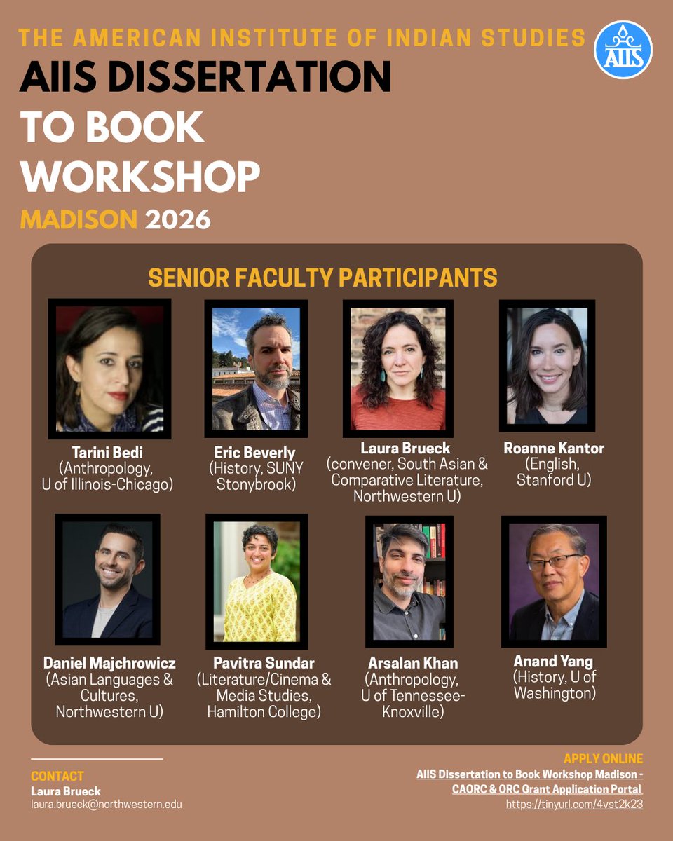 AIISIndia's tweet photo. Meet an extraordinary lineup of scholars at the #AIIS Dissertation to Book Workshop, Madison 2026! 📚✨ Featuring esteemed faculty from leading institutions. Participants will have the invaluable opportunity to receive mentorship and feedback. 
Link in bio https://t.co/osB0fLz3XJ