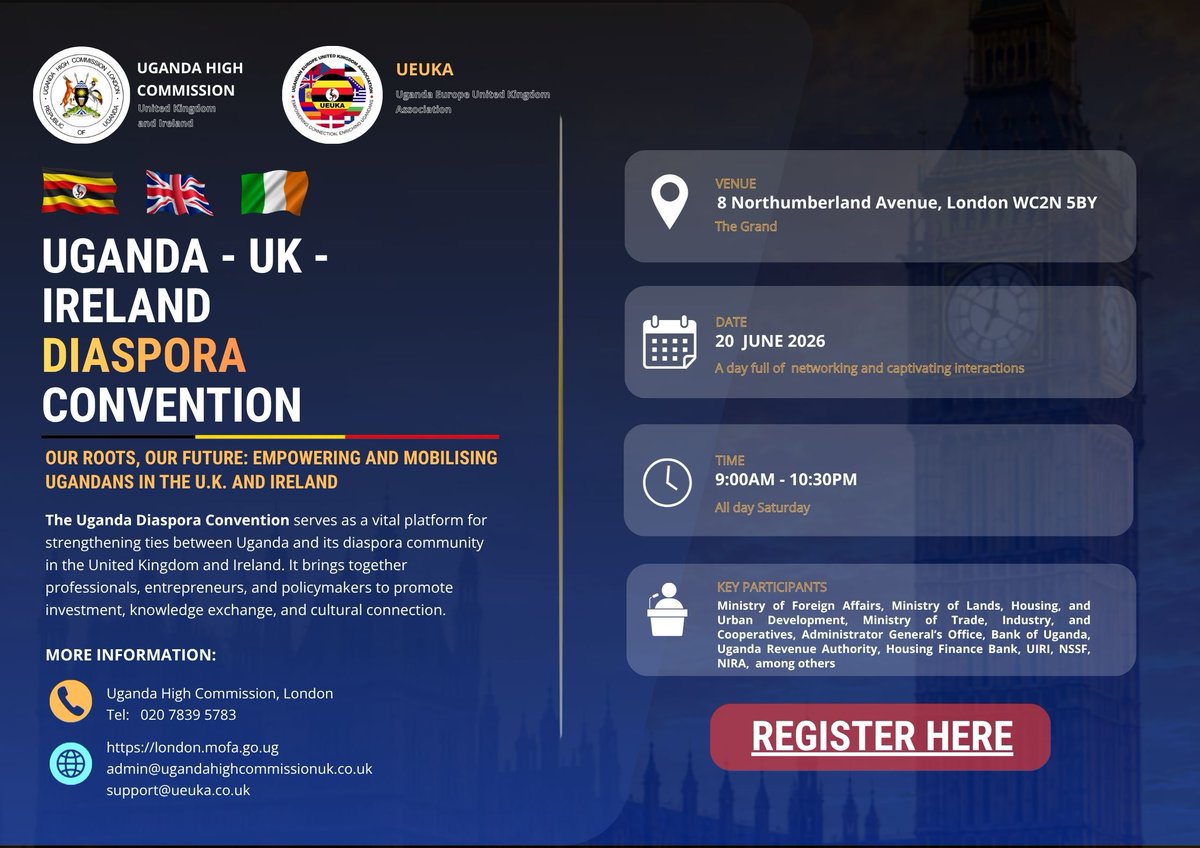 UGHighCommLDN's tweet photo. You asked, and we listened.

Join fellow Ugandans for a unique opportunity to engage directly with government officials and experts on the issues that matter most to the diaspora. From investment and business opportunities to citizenship, consular services, education, and national development programmes, this convention is designed with you in mind.

Expect a day of candid conversations, insightful presentations, practical information, networking, and a celebration of our shared Ugandan identity.

Whether you are looking to connect, contribute, invest, or simply stay informed, this is your opportunity to have your voice heard and to learn more about the programmes and initiatives that can benefit you and your family.

📍 London | June 2026
⚠️ Registration is filling up rapidly and may close within the next 24 hours. We encourage you to secure your place as soon as possible.

Register now via the link below and be part of the conversation shaping the future of Uganda's diaspora engagement.

#UgandaDiaspora #UgandaInTheUK #DiasporaEngagement #InvestInUganda #BuildingTogether