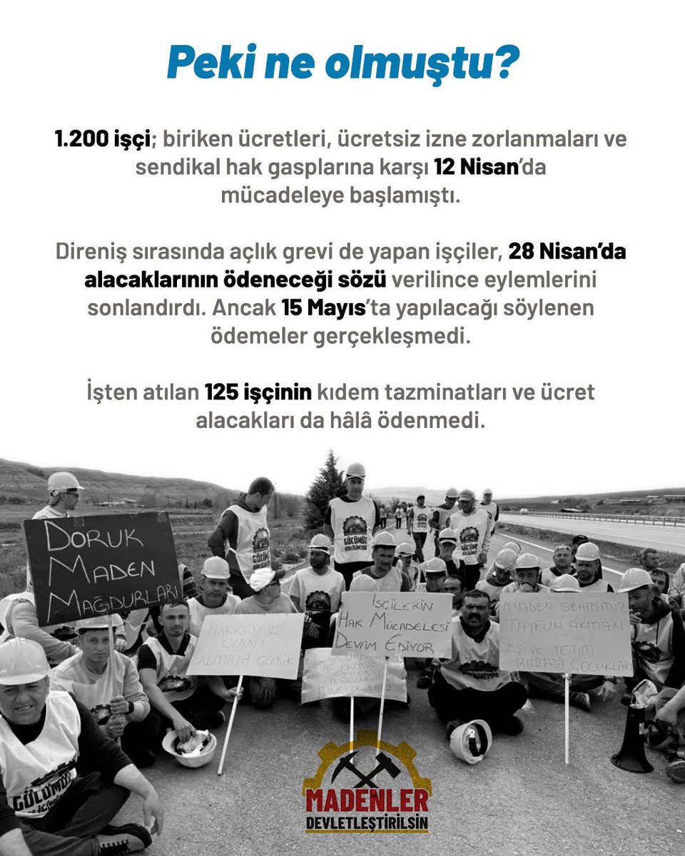 madenlerd's tweet photo. Şirketler yalan söylüyor, emekçinin alın terine çöküyor! 

Doruk Madencilik'te madencilerin ödenmeyen alacakları için Ankara'da yaptıkları eylemler, Bakanlık'tan gelen "ödenecek" taahüdüyle sona ermişti.

Alacaklar hâlâ yatmadı, işçiler tekrar direnişe hazırlanıyor.

Peki kim bu Doruk Madencilik?